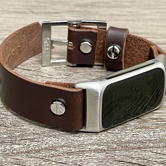 Dark Brown Leather Silver Fitbit Charge 5 Band Women Strap Bracelet - Picture 2 of 8